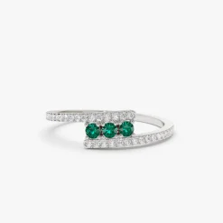 14k Cross Over Diamond Ring with Round Emeralds