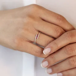 14k Cross Over Diamond Ring with Round Rubies