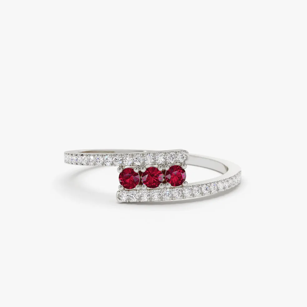 14k Cross Over Diamond Ring with Round Rubies