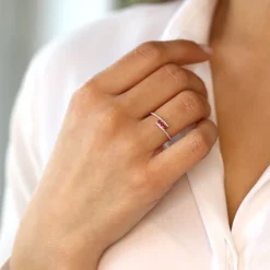14k Cross Over Diamond Ring with Round Rubies