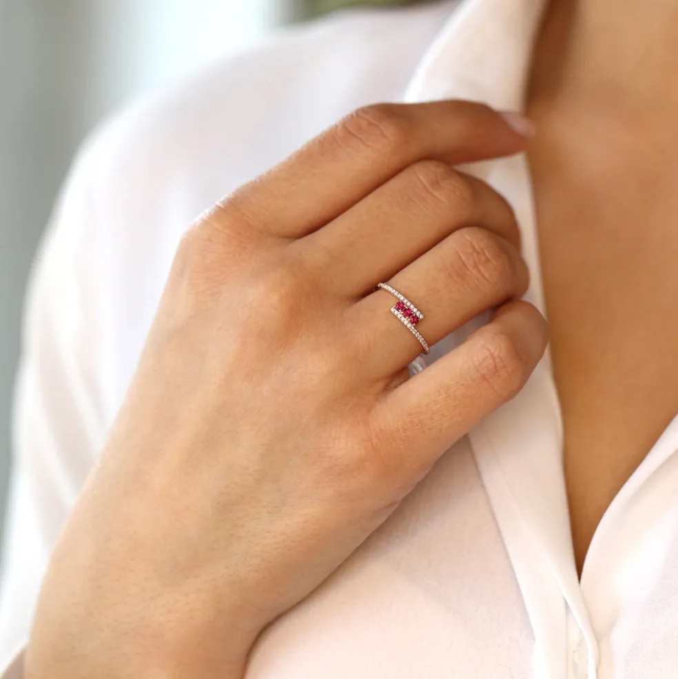14k Cross Over Diamond Ring with Round Rubies