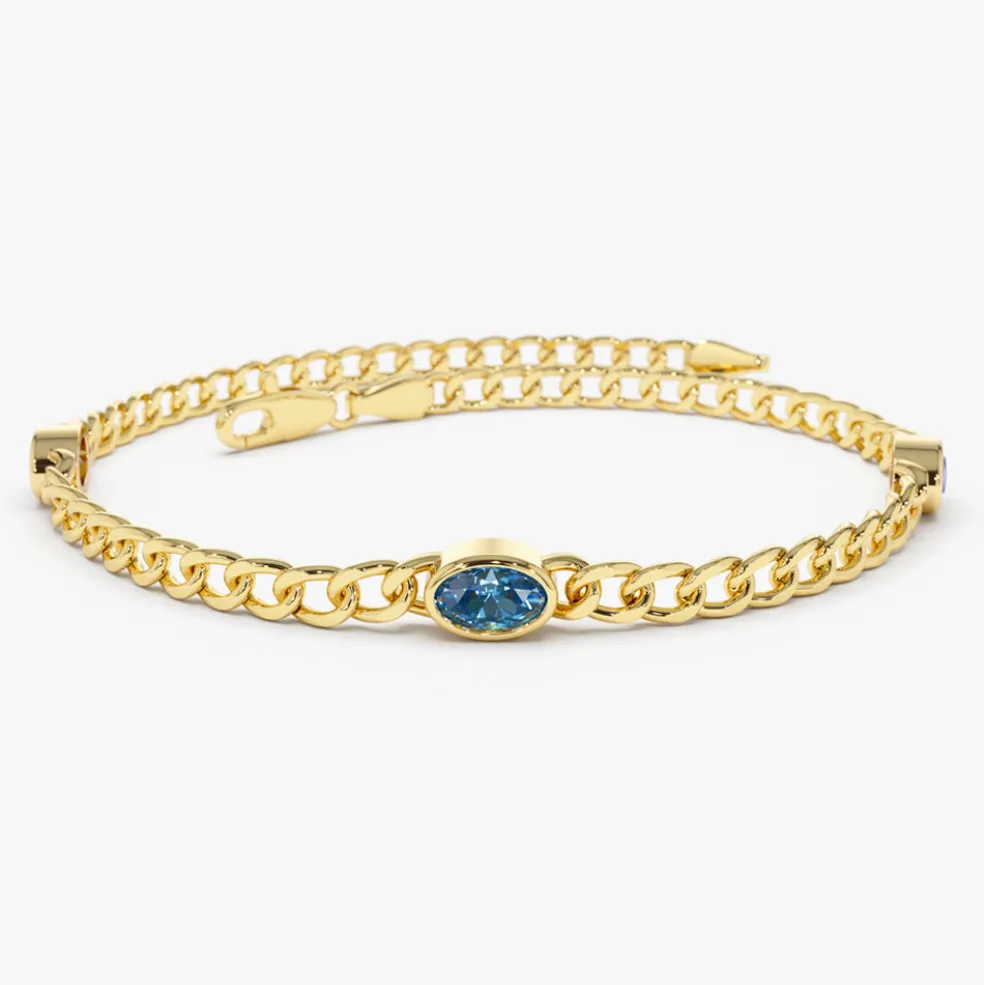 14k Cuban Link Bracelet w/ Bezel Setting London Blue Topaz