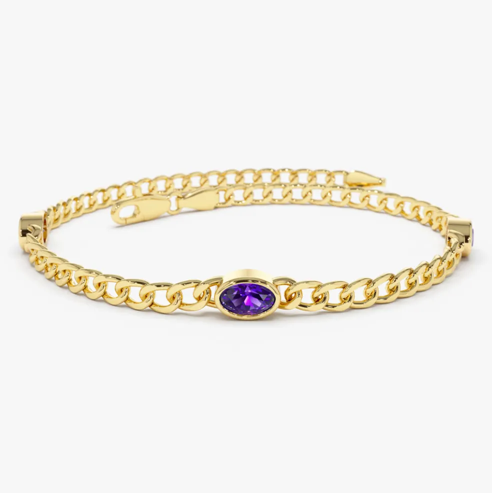 14k Cuban Link Bracelet w/ Bezel Setting Amethyst