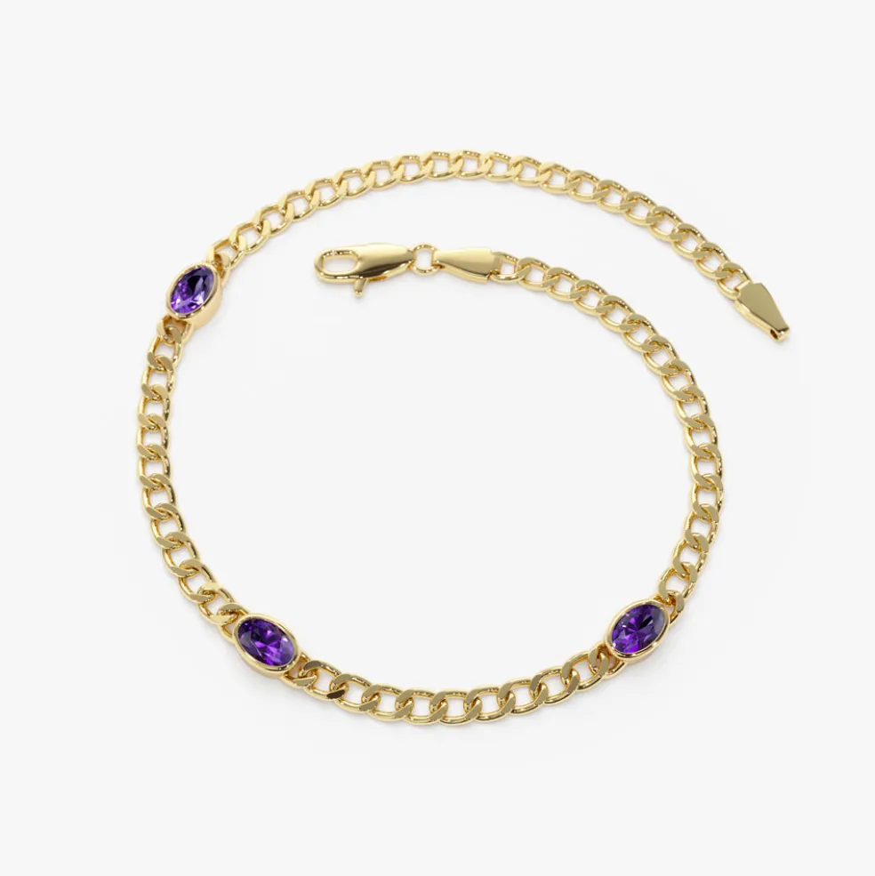 14k Cuban Link Bracelet w/ Bezel Setting Amethyst