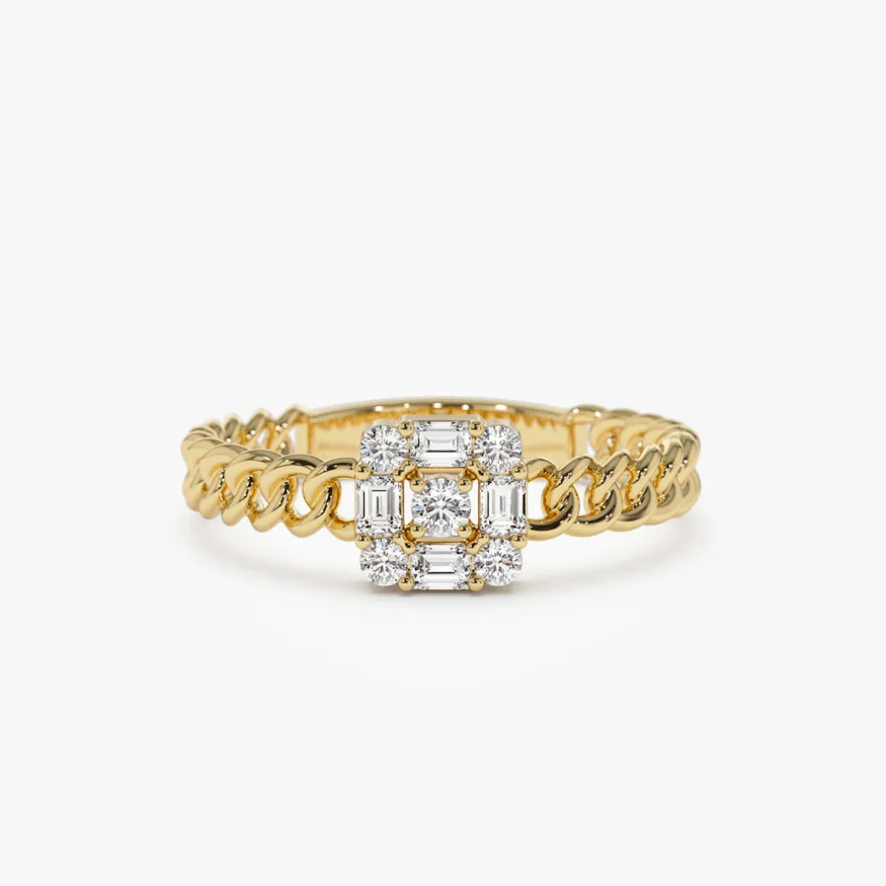 14k Curb Link Illusion Setting Baguette Diamond Ring