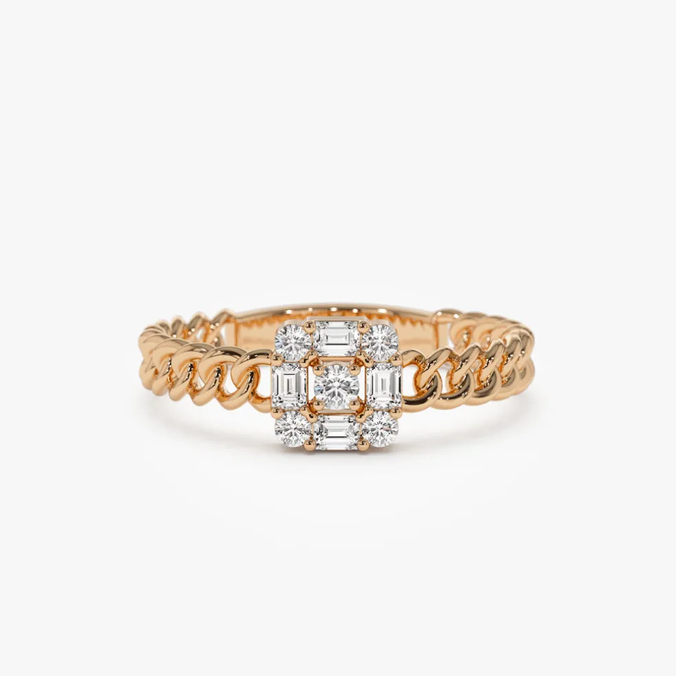 14k Curb Link Illusion Setting Baguette Diamond Ring