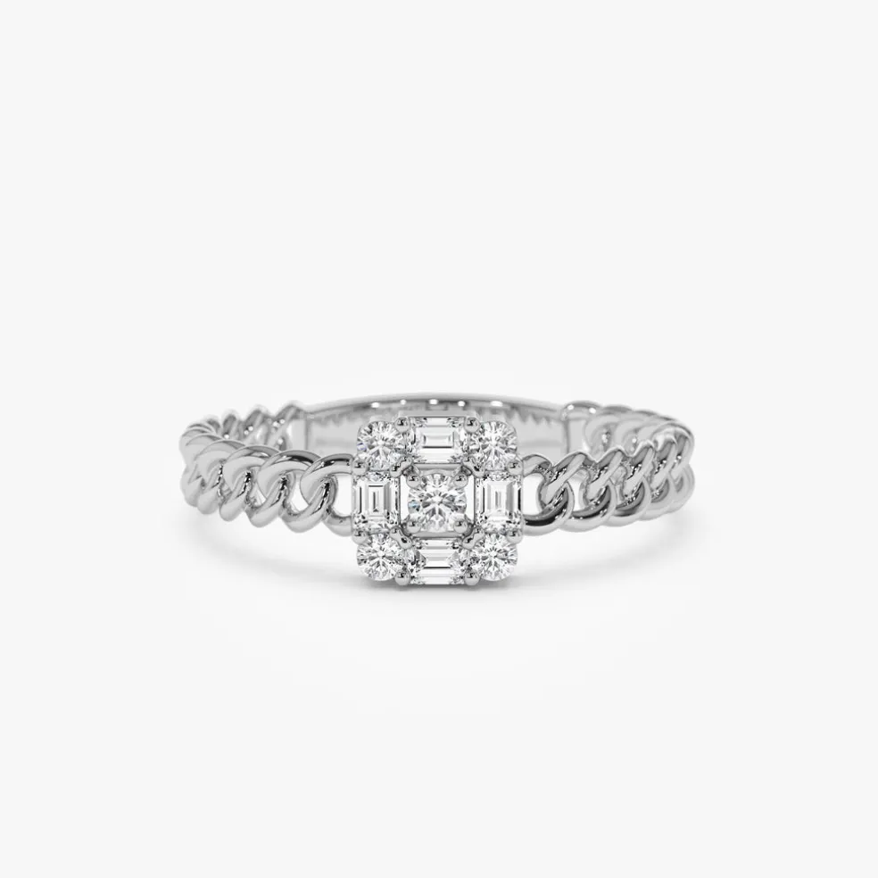 14k Curb Link Illusion Setting Baguette Diamond Ring