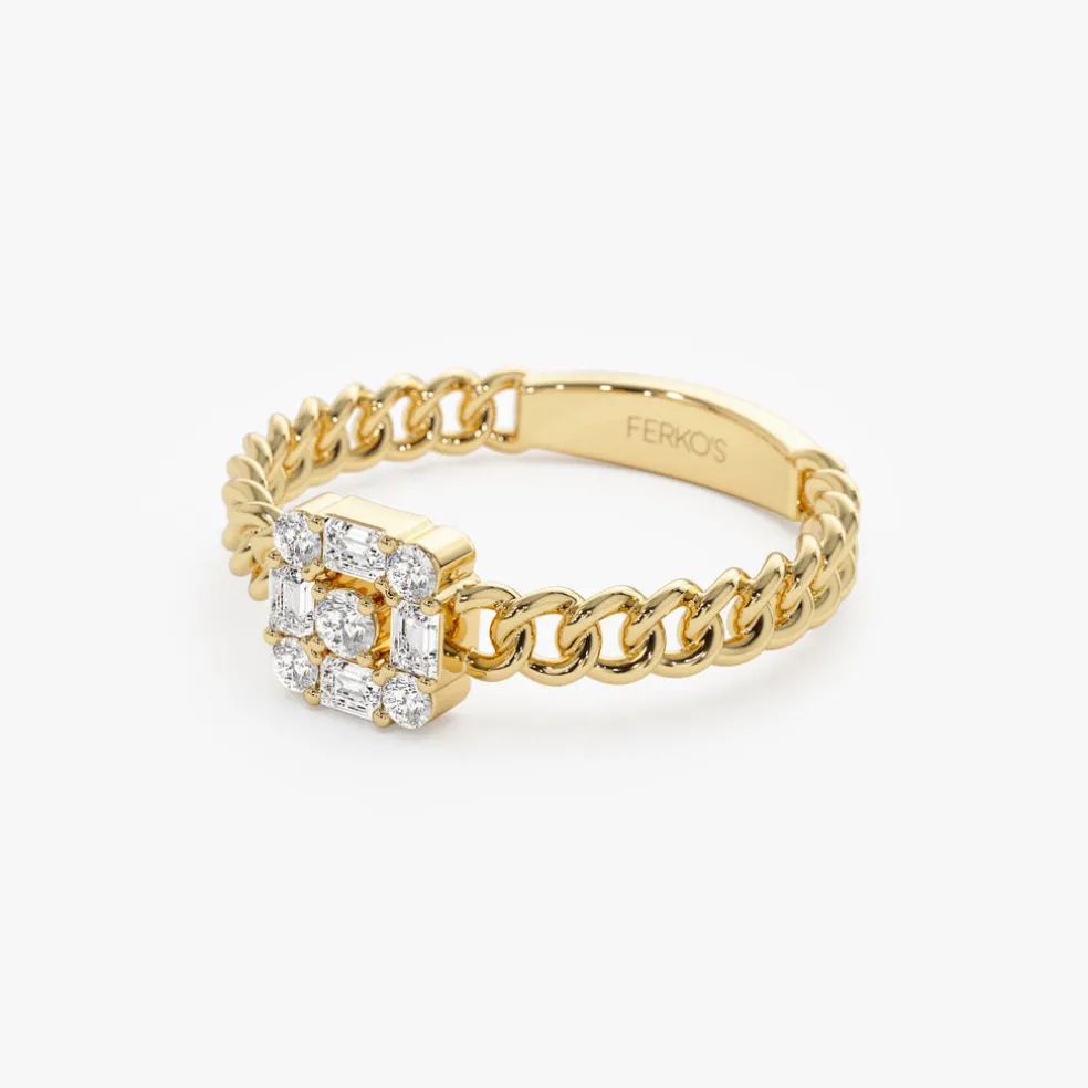 14k Curb Link Illusion Setting Baguette Diamond Ring