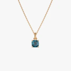 14K Cushion Cut London Blue Topaz Solitaire Necklace