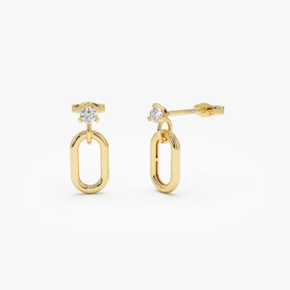 14k Dainty Dangline Oval Link Diamond Earrings