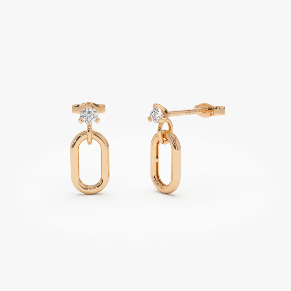 14k Dainty Dangline Oval Link Diamond Earrings