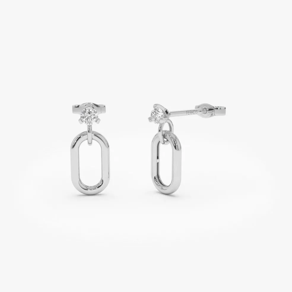 14k Dainty Dangline Oval Link Diamond Earrings