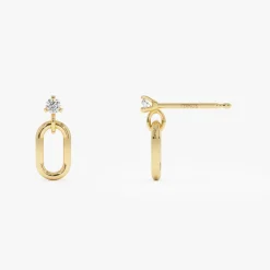14k Dainty Dangline Oval Link Diamond Earrings