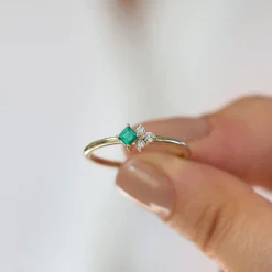 14K Dainty Princess Cut Emerald and Diamond Ring