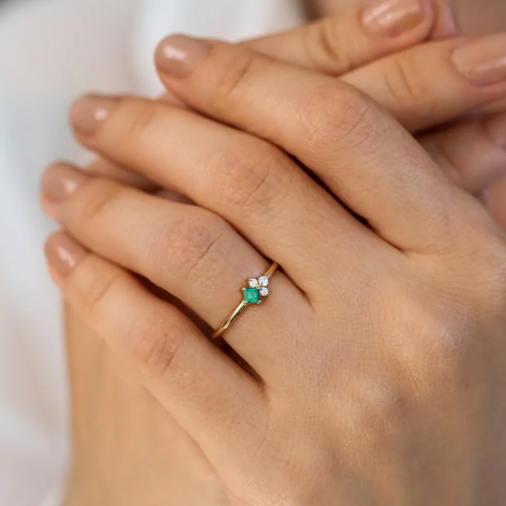 14K Dainty Princess Cut Emerald and Diamond Ring