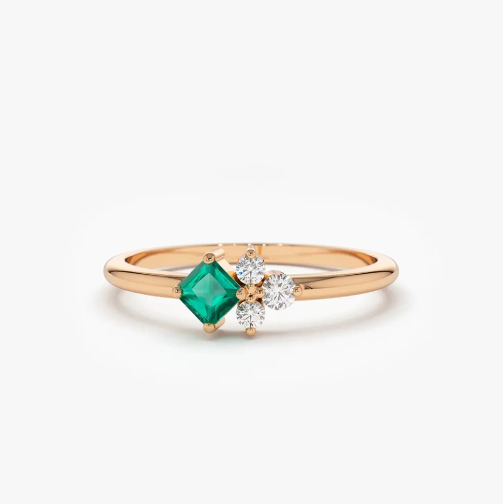 14K Dainty Princess Cut Emerald and Diamond Ring