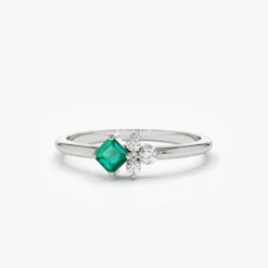 14K Dainty Princess Cut Emerald and Diamond Ring