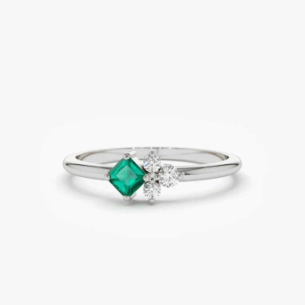 14K Dainty Princess Cut Emerald and Diamond Ring