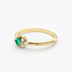 14K Dainty Princess Cut Emerald and Diamond Ring