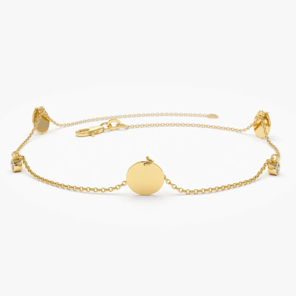 14k Dangling Diamond Bracelet with Dangling Gold Disc