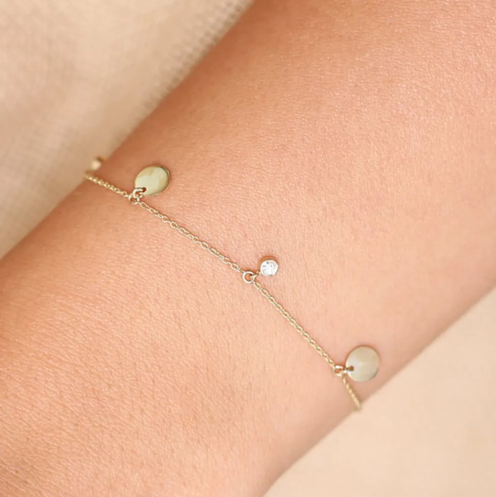 14k Dangling Diamond Bracelet with Dangling Gold Disc