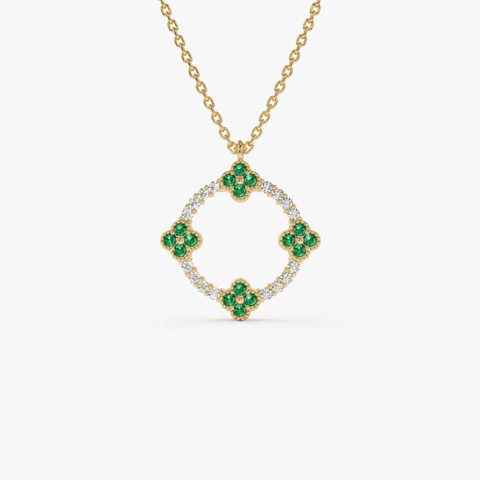 14k Diamond and Emerald Clover Necklace