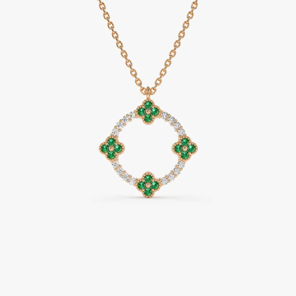 14k Diamond and Emerald Clover Necklace