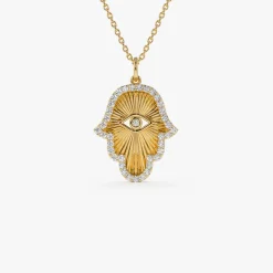 14k Diamond Hamsa & Evil Eye Hand of Fatima Necklace