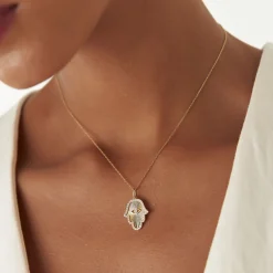 14k Diamond Hamsa & Evil Eye Hand of Fatima Necklace