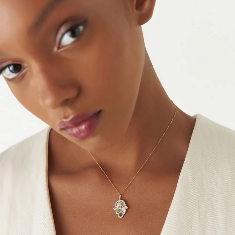 14k Diamond Hamsa & Evil Eye Hand of Fatima Necklace