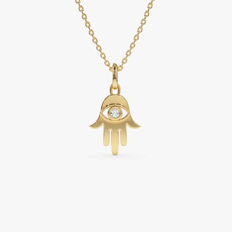 14k Diamond Hamsa Hand Protection Necklace