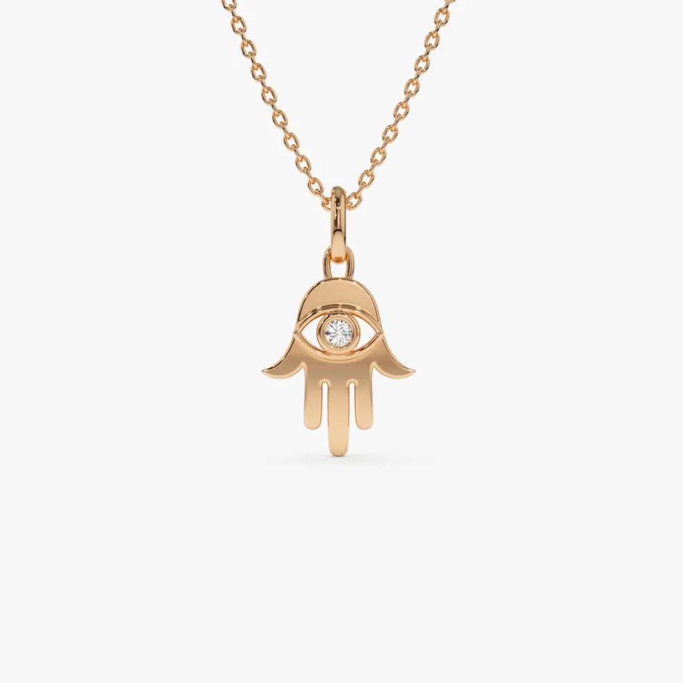 14k Diamond Hamsa Hand Protection Necklace