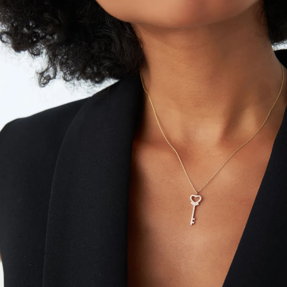 14k Diamond Heart-Key Pendant Necklace