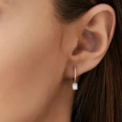 14k Diamond Huggie Earrings with Dangling Illusion Set Baguette Diamonds