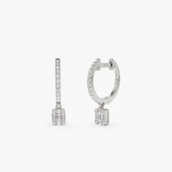 14k Diamond Huggie Earrings with Dangling Illusion Set Baguette Diamonds