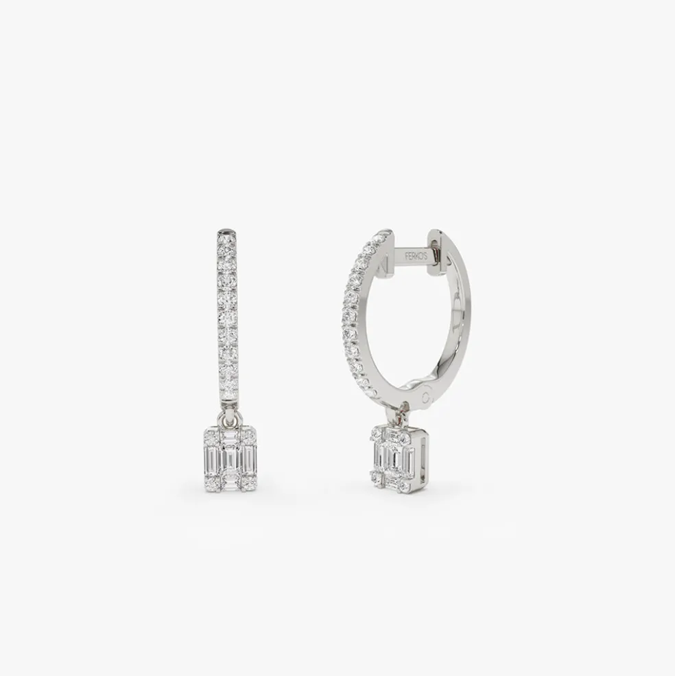 14k Diamond Huggie Earrings with Dangling Illusion Set Baguette Diamonds