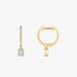 14k Diamond Huggie Earrings with Dangling Illusion Set Baguette Diamonds