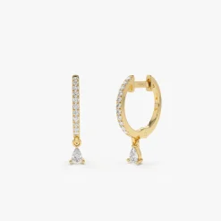 14k Diamond Huggies with a Dangling Pear Shape Diamond