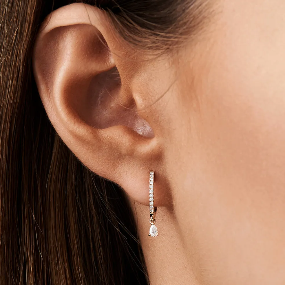 14k Diamond Huggies with a Dangling Pear Shape Diamond