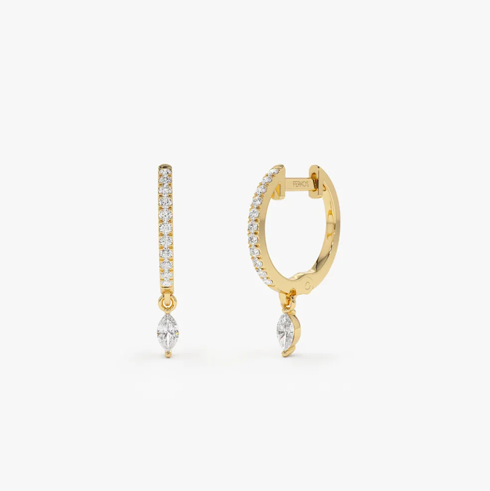 14k Diamond Huggies with a Dangling Marquise Diamond