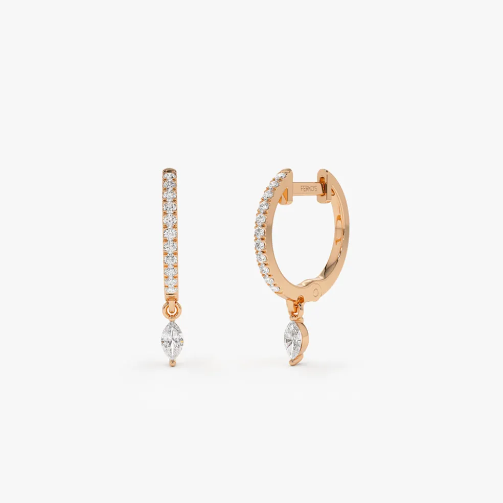 14k Diamond Huggies with a Dangling Marquise Diamond