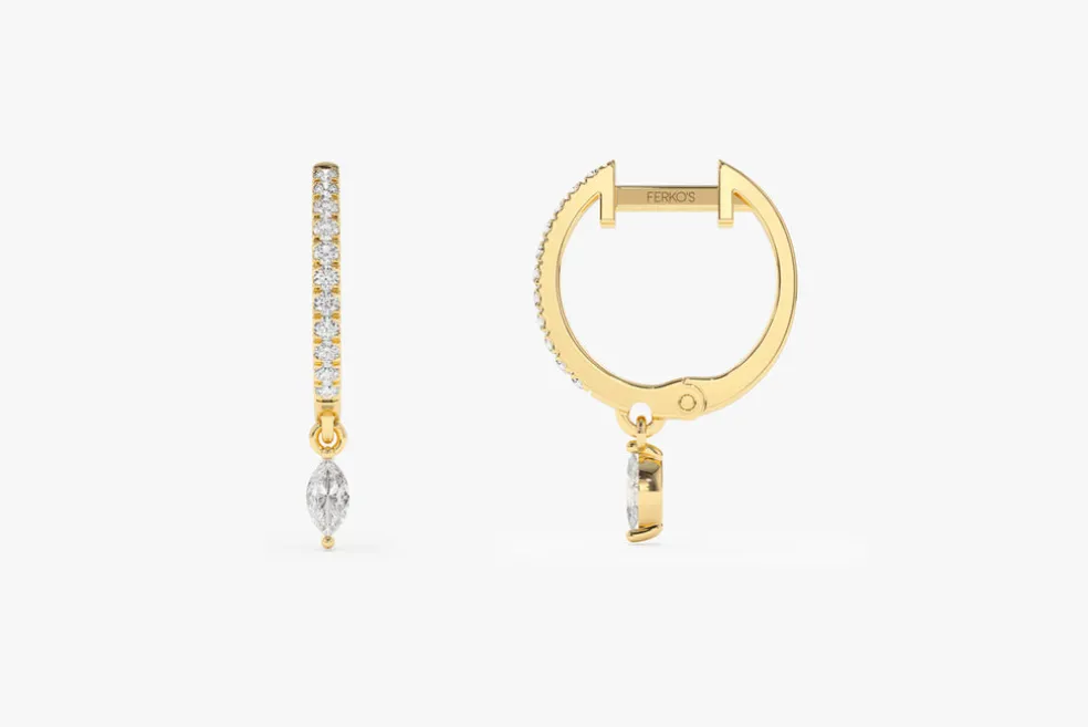 14k Diamond Huggies with a Dangling Marquise Diamond
