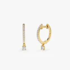 14k Diamond Huggies with a Dangling Round Diamond