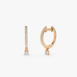 14k Diamond Huggies with a Dangling Round Diamond