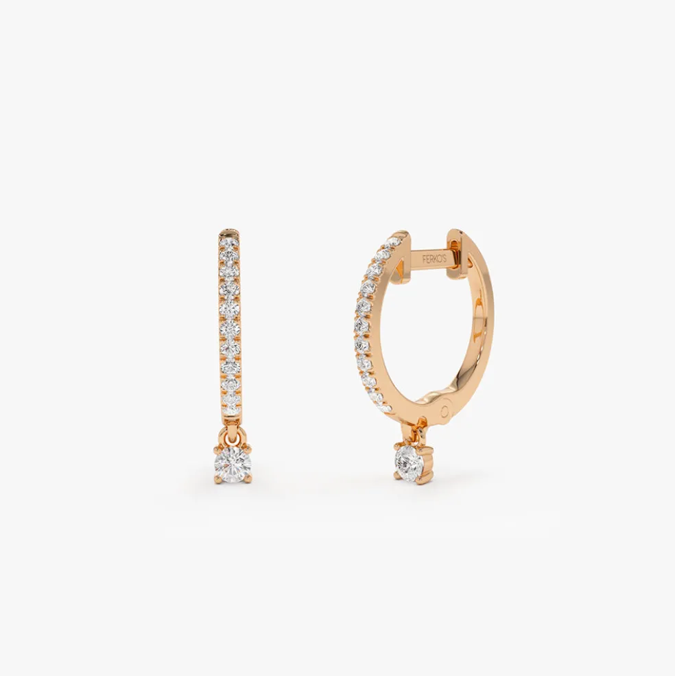 14k Diamond Huggies with a Dangling Round Diamond
