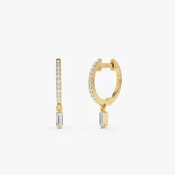 14k Diamond Huggies with a Dangling Baguette Diamond
