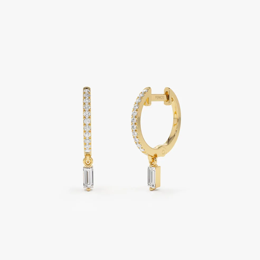 14k Diamond Huggies with a Dangling Baguette Diamond