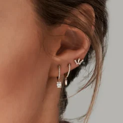 14k Diamond Huggies with a Dangling Baguette Diamond