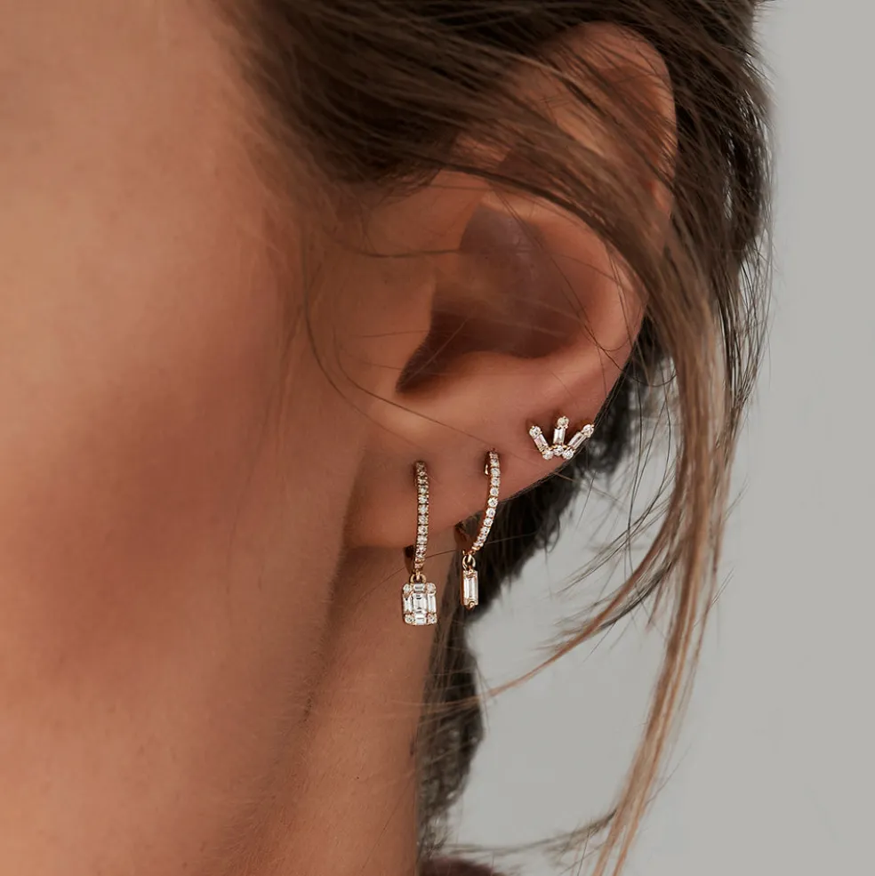 14k Diamond Huggies with a Dangling Baguette Diamond