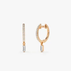 14k Diamond Huggies with a Dangling Baguette Diamond